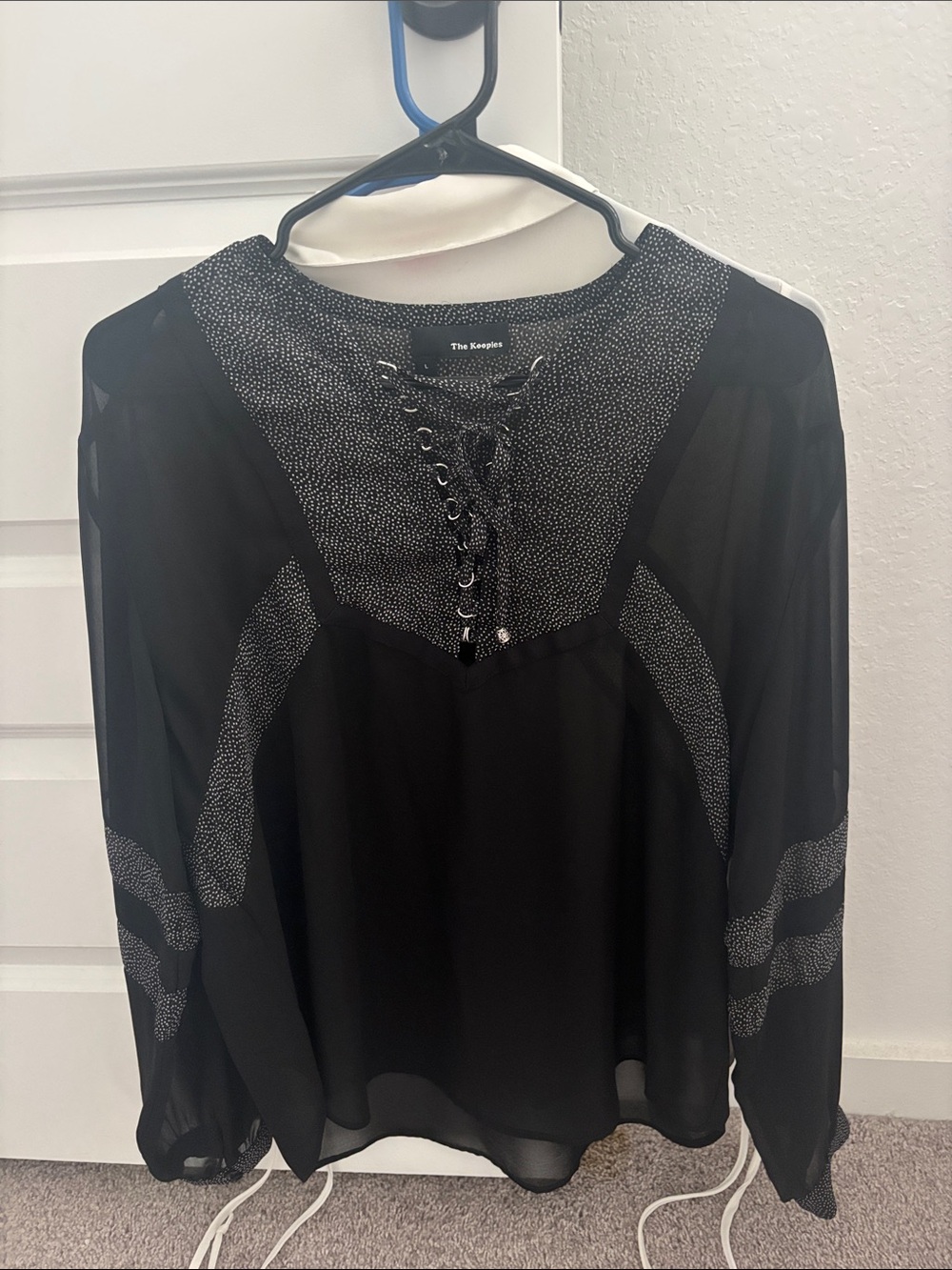 The Kooples Black Sheer Lace-Up Blouse with Speckled Panels